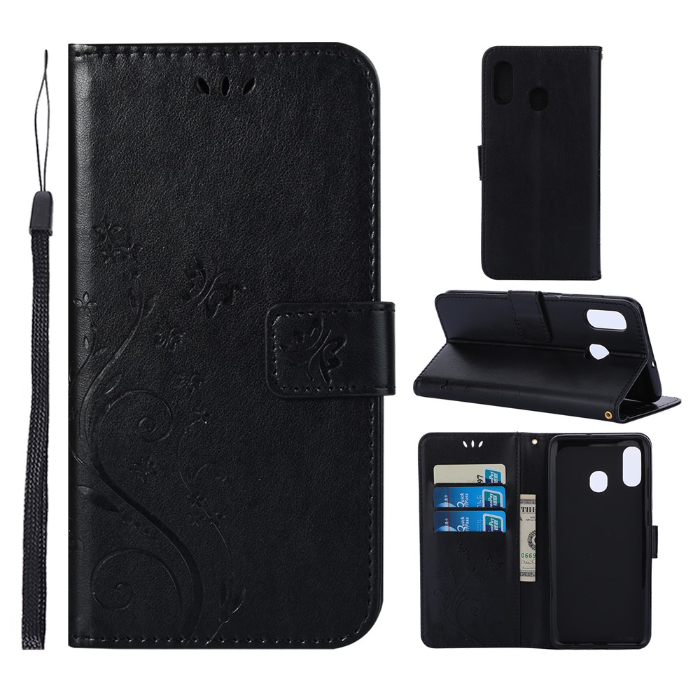 Imprint Butterfly Flowers Leather Phone Cover for Samsung Galaxy A30 / A20 - Black-1