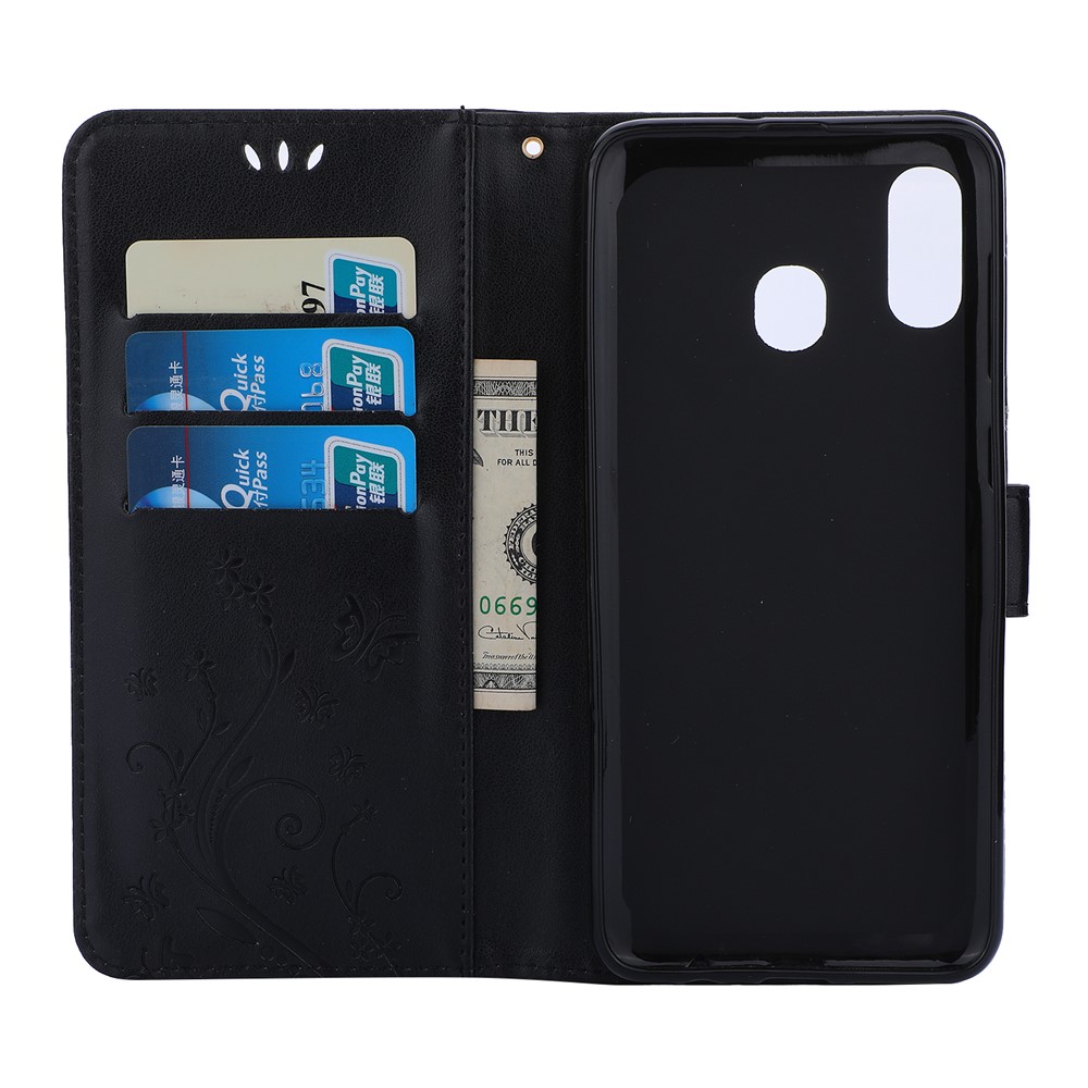 Imprint Butterfly Flowers Leather Phone Cover for Samsung Galaxy A30 / A20 - Black-3