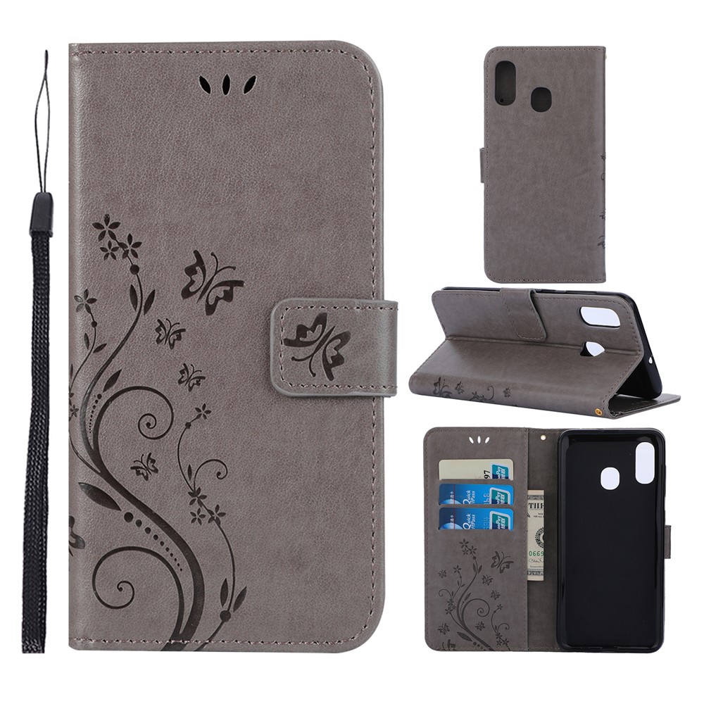 Imprint Butterfly Flowers Leather Phone Cover for Samsung Galaxy A30 / A20 - Grey-1