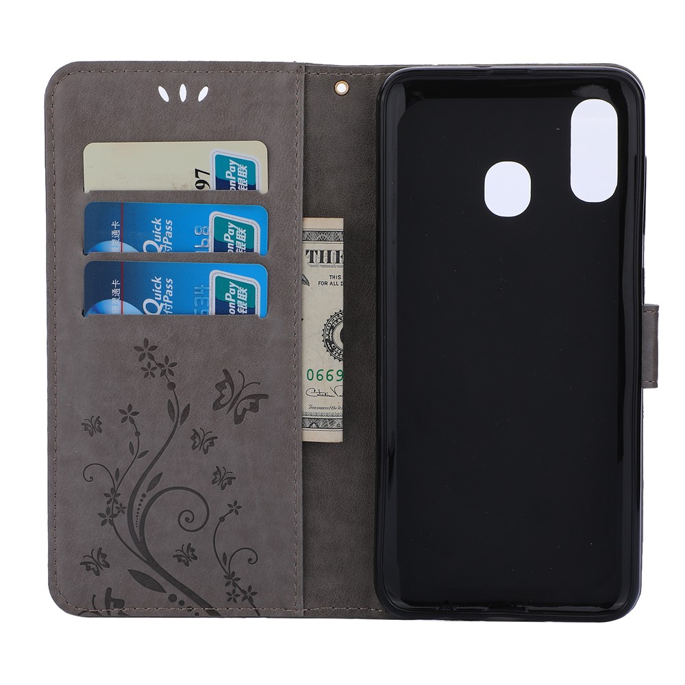 Imprint Butterfly Flowers Leather Phone Cover for Samsung Galaxy A30 / A20 - Grey-3