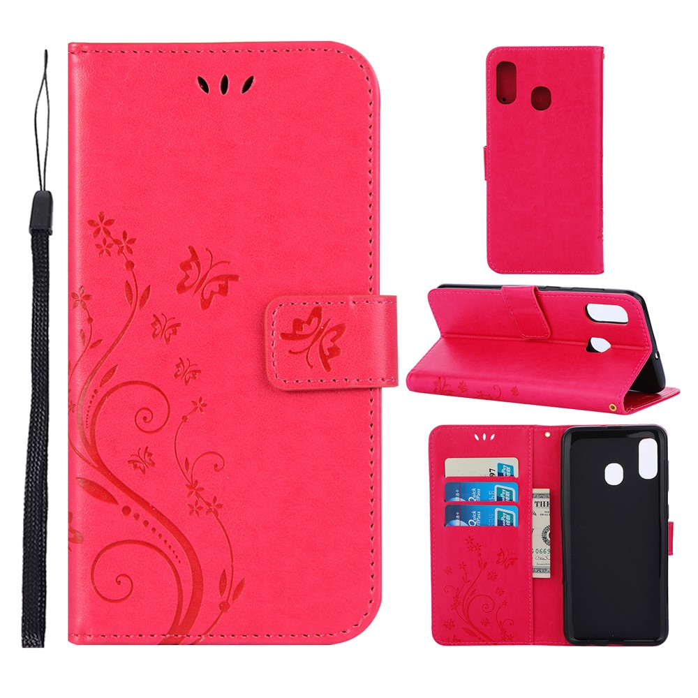 Imprint Butterfly Flowers Leather Phone Cover for Samsung Galaxy A30 / A20 - Red-1