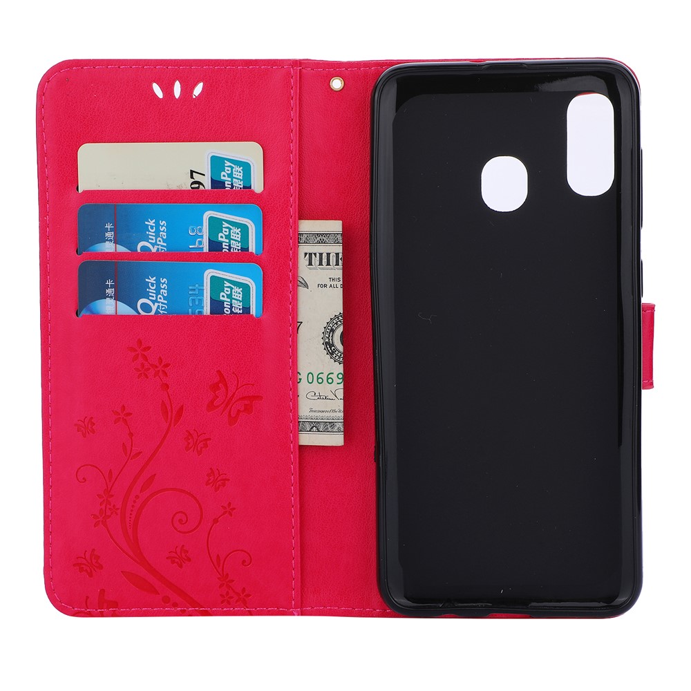 Impreinte Butterfly Flowers Leather Couverture de Téléphone Pour Samsung Galaxy A30 / A20 - Rouge