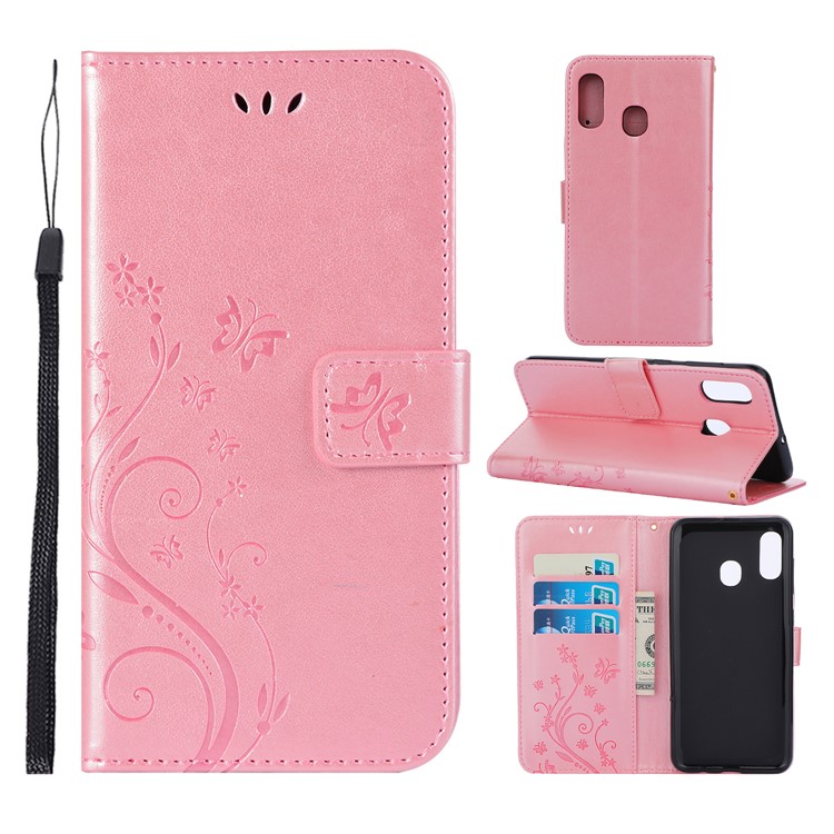 Imprint Butterfly Flowers Leather Phone Cover for Samsung Galaxy A30 / A20 - Rose Gold-1
