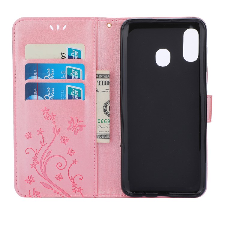Imprint Butterfly Flowers Leather Phone Cover for Samsung Galaxy A30 / A20 - Rose Gold-3