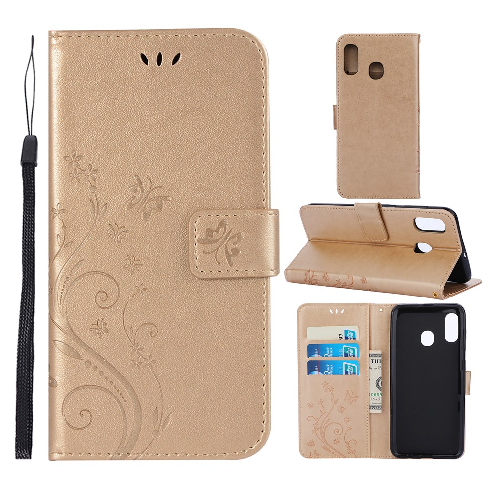 Imprint Butterfly Flowers Leather Phone Cover for Samsung Galaxy A30 / A20 - Gold-1