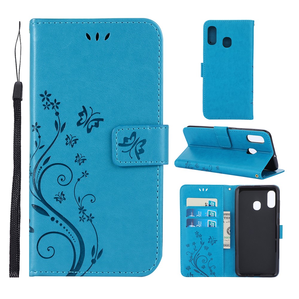 Imprint Butterfly Flowers Leather Phone Cover for Samsung Galaxy A30 / A20 - Blue-1