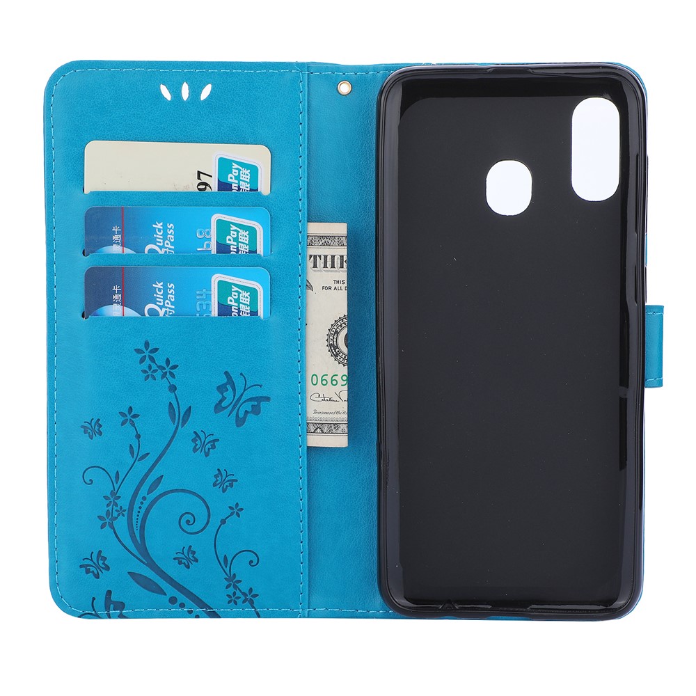 Imprint Butterfly Flowers Leather Phone Cover for Samsung Galaxy A30 / A20 - Blue-3