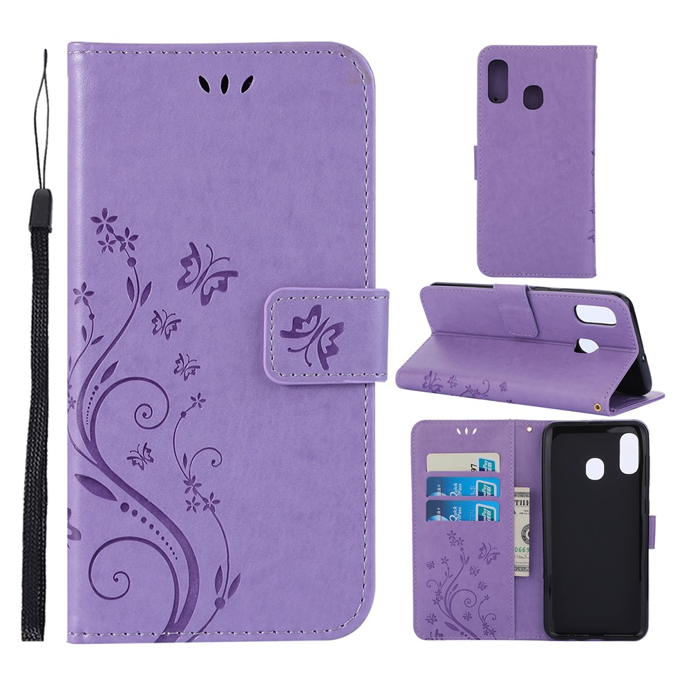 Imprint Butterfly Flowers Leather Phone Cover for Samsung Galaxy A30 / A20 - Light Purple-1