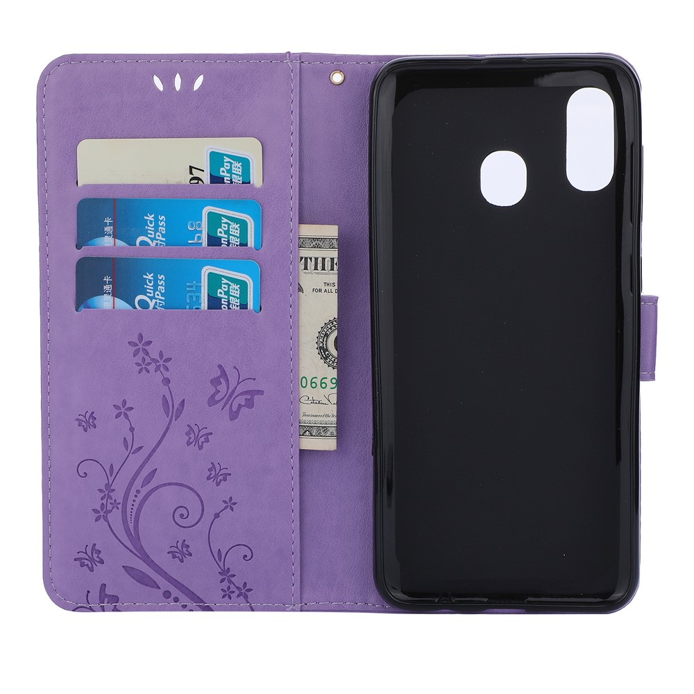 Imprint Butterfly Flowers Leather Phone Cover for Samsung Galaxy A30 / A20 - Light Purple-3