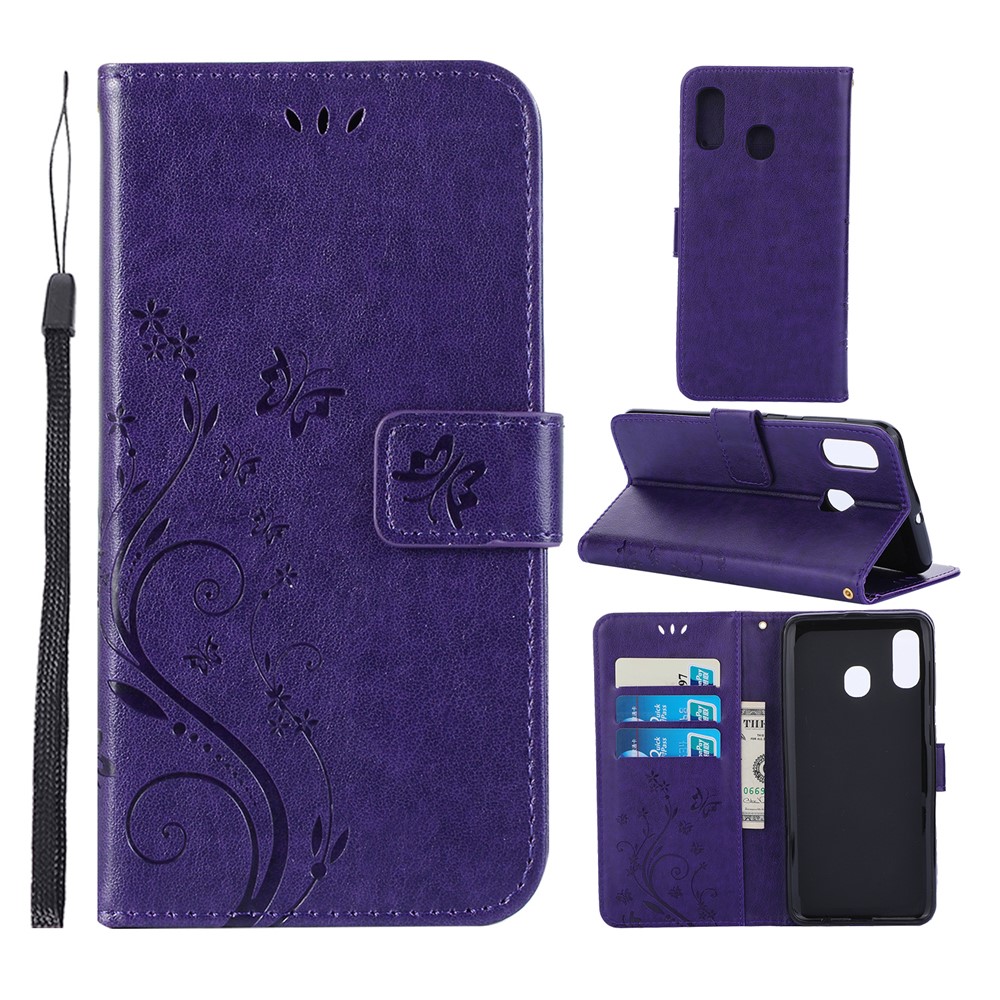 Imprint Butterfly Flowers Leather Phone Cover for Samsung Galaxy A30 / A20 - Dark Purple-1