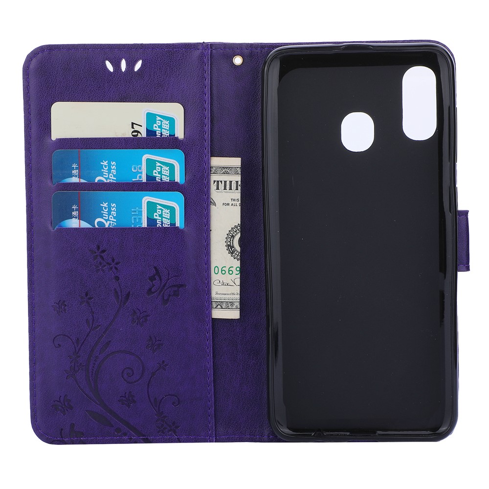 Imprint Butterfly Flowers Leather Phone Cover for Samsung Galaxy A30 / A20 - Dark Purple-3