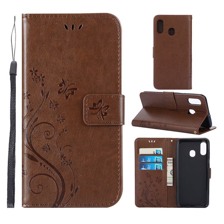 Imprint Butterfly Flowers Leather Phone Cover for Samsung Galaxy A30 / A20 - Brown-1