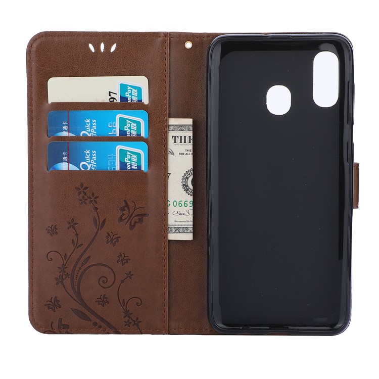Imprint Butterfly Flowers Leather Phone Cover for Samsung Galaxy A30 / A20 - Brown-3