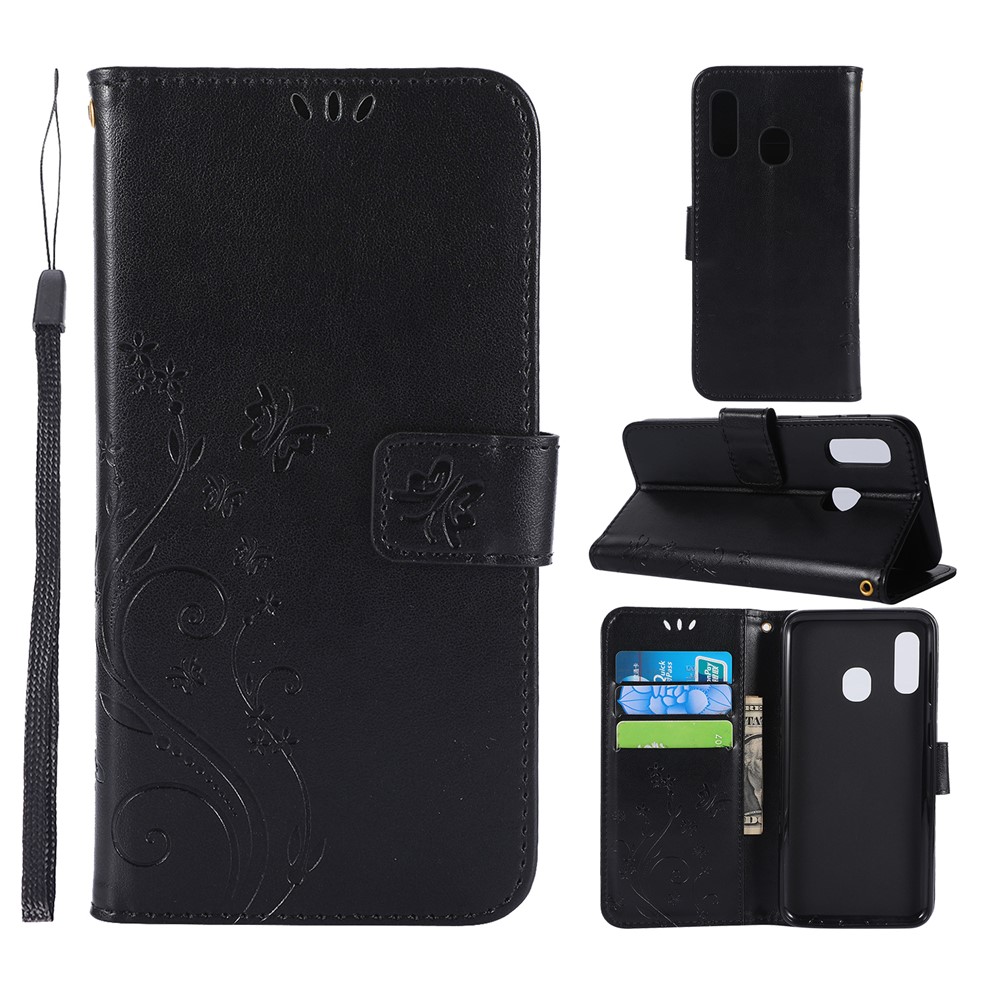 Imprint Butterfly Flowers Leather Phone Case for Samsung Galaxy A20e - Black-1