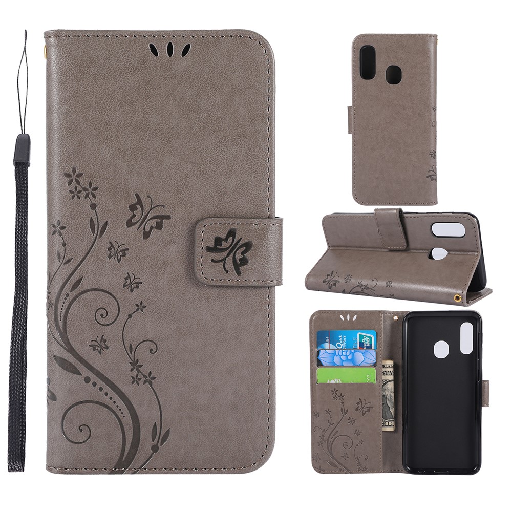 Imprint Butterfly Flowers Leather Phone Case for Samsung Galaxy A20e - Grey-1