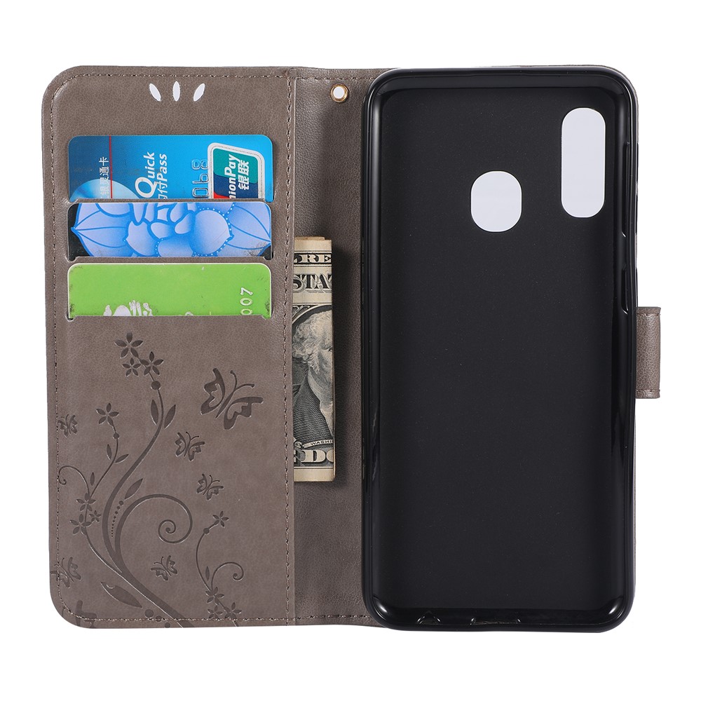 Imprint Butterfly Flowers Leather Phone Case for Samsung Galaxy A20e - Grey-3