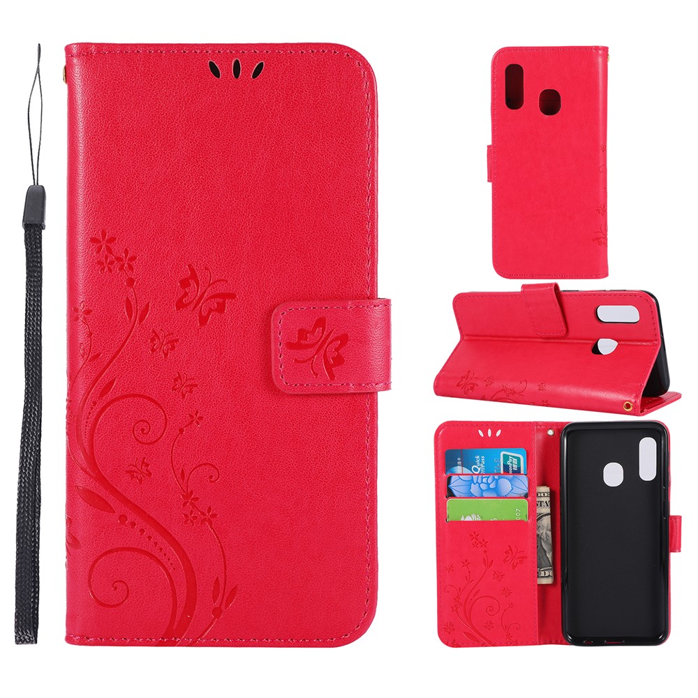 Imprint Butterfly Flowers Leather Phone Case for Samsung Galaxy A20e - Red-1