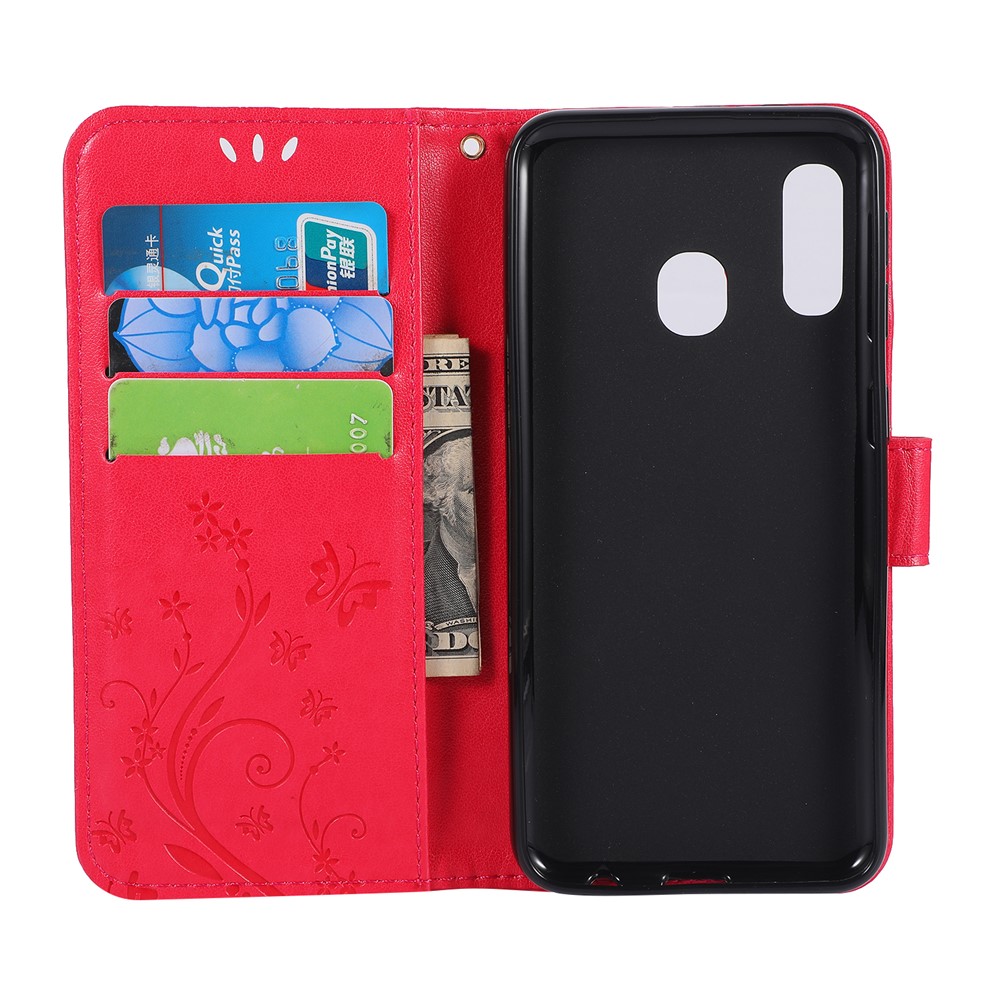 Imprint Butterfly Flowers Leather Phone Case for Samsung Galaxy A20e - Red-3