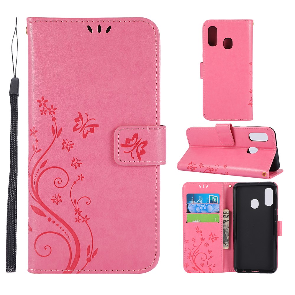 Imprint Butterfly Flowers Leather Phone Case for Samsung Galaxy A20e - Rose-1