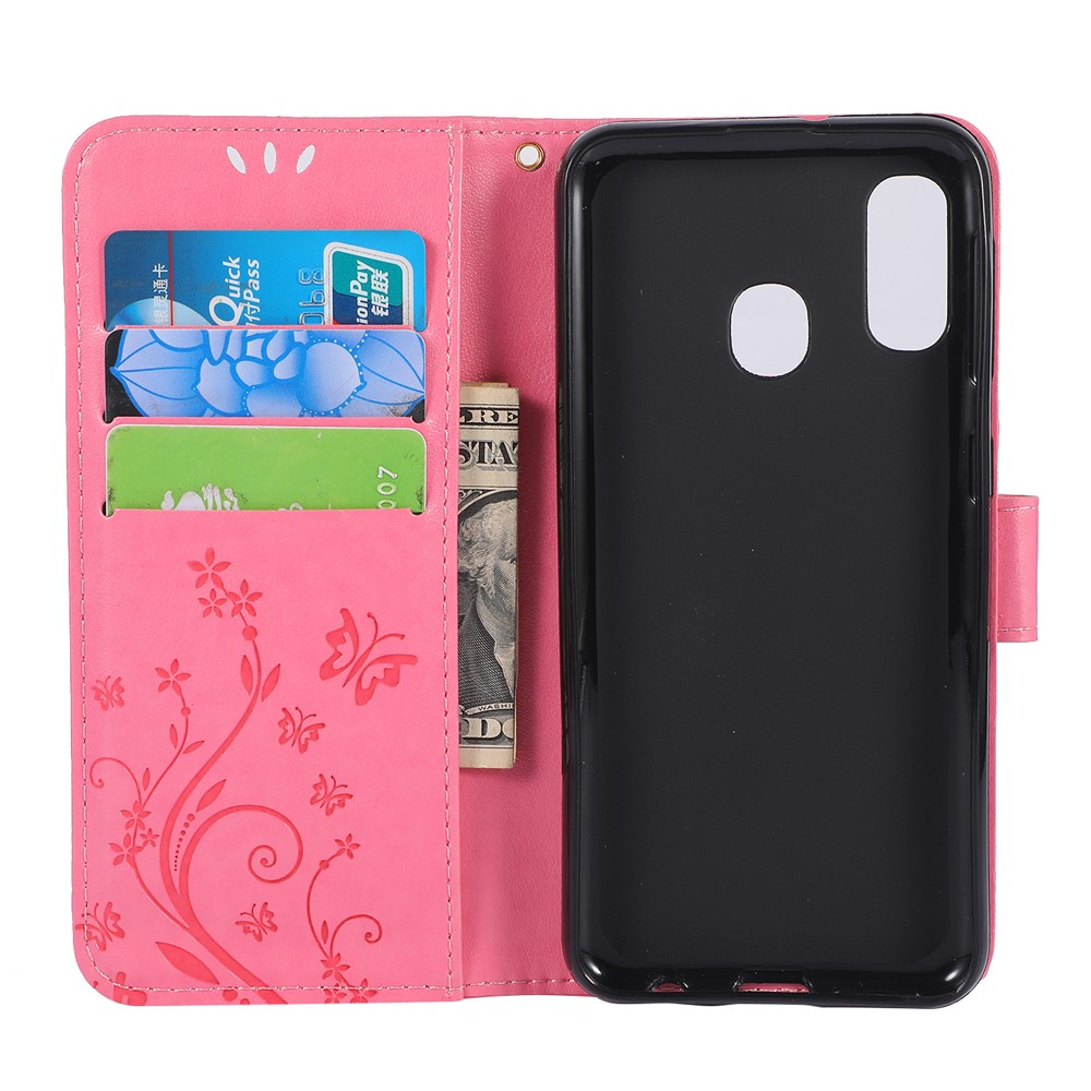 Imprint Butterfly Flowers Leather Phone Case for Samsung Galaxy A20e - Rose-3