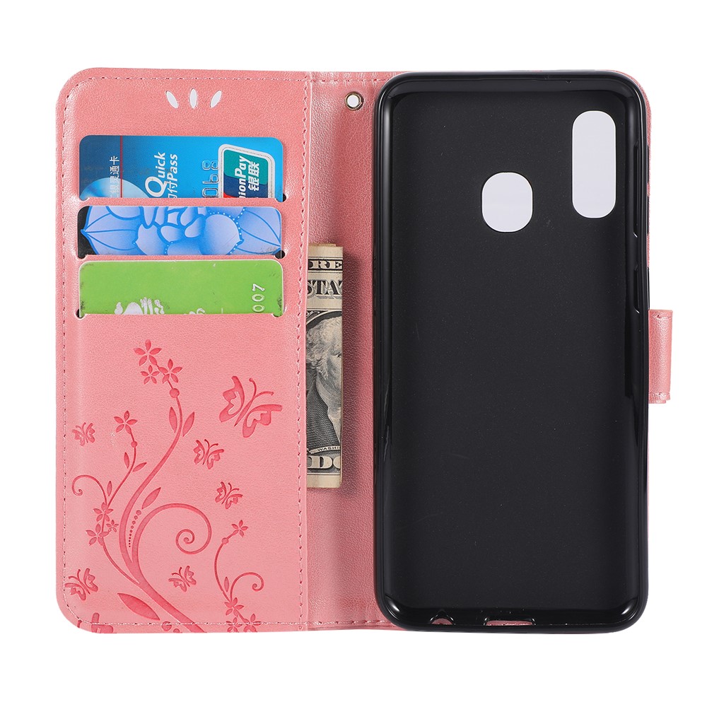 Imprint Butterfly Flowers Leather Phone Case for Samsung Galaxy A20e - Rose Gold-3