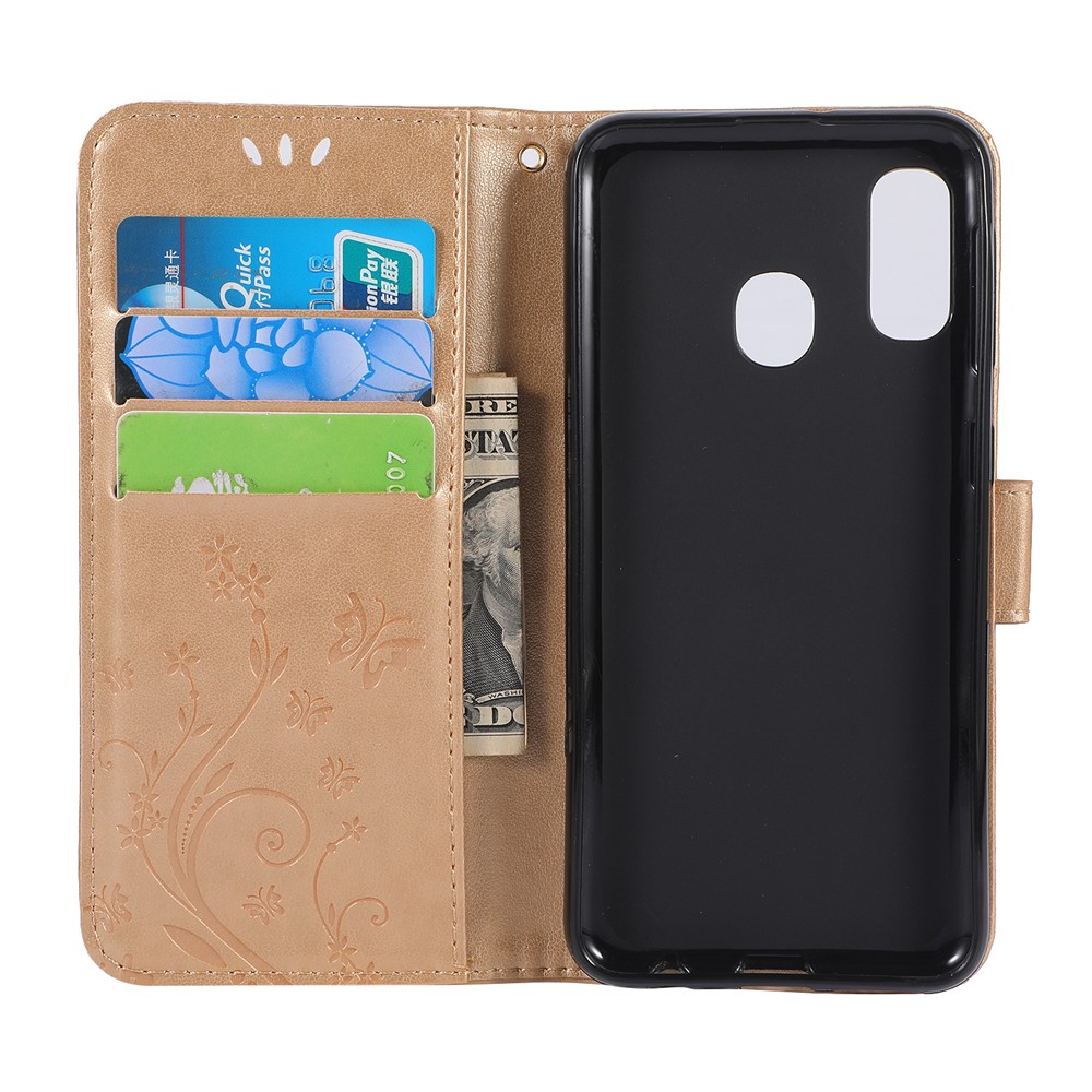 Imprint Butterfly Flowers Leather Phone Case for Samsung Galaxy A20e - Gold-3