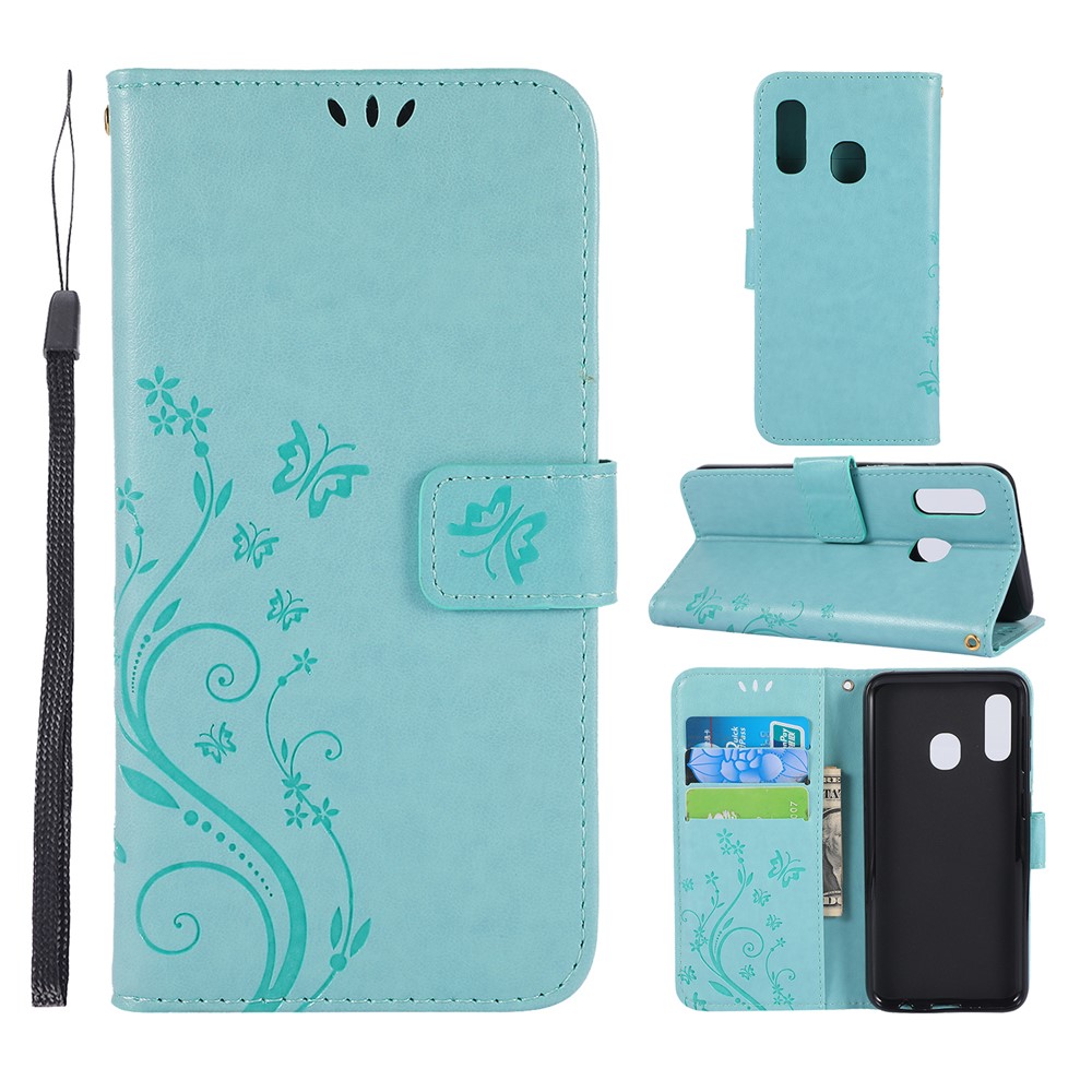 Imprint Butterfly Flowers Leather Phone Case for Samsung Galaxy A20e - Cyan-1