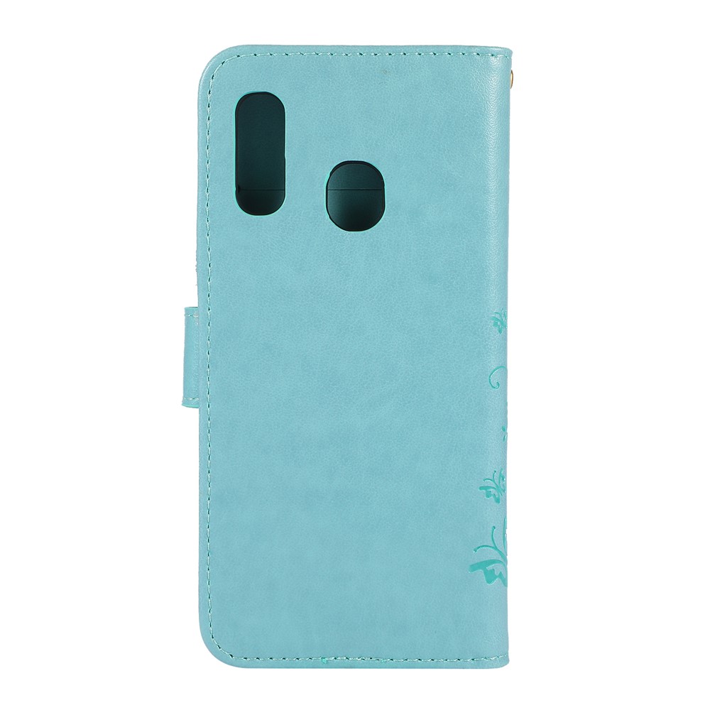 Imprint Butterfly Flowers Leather Phone Case for Samsung Galaxy A20e - Cyan-2