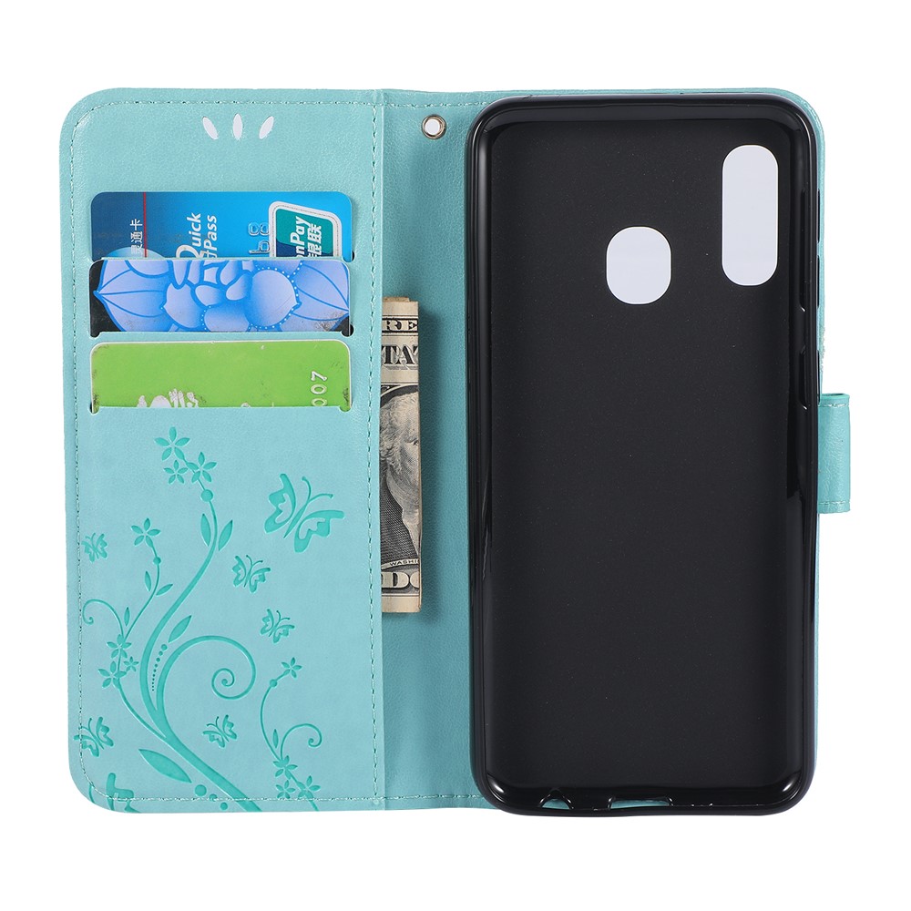 Imprint Butterfly Flowers Leather Phone Case for Samsung Galaxy A20e - Cyan-3