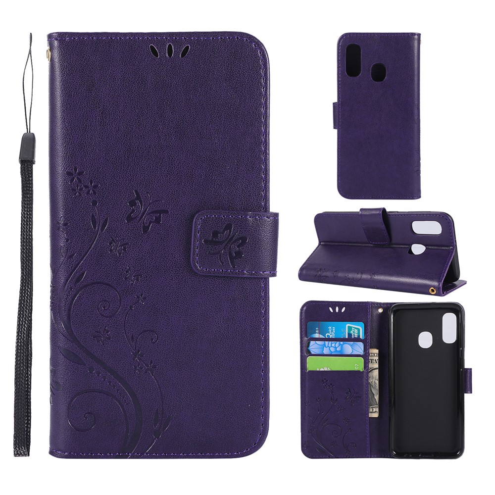 Imprint Butterfly Flowers Leather Phone Case for Samsung Galaxy A20e - Dark Purple-1