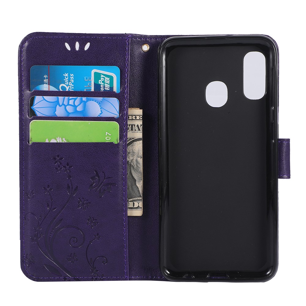 Imprint Butterfly Flowers Leather Phone Case for Samsung Galaxy A20e - Dark Purple-3