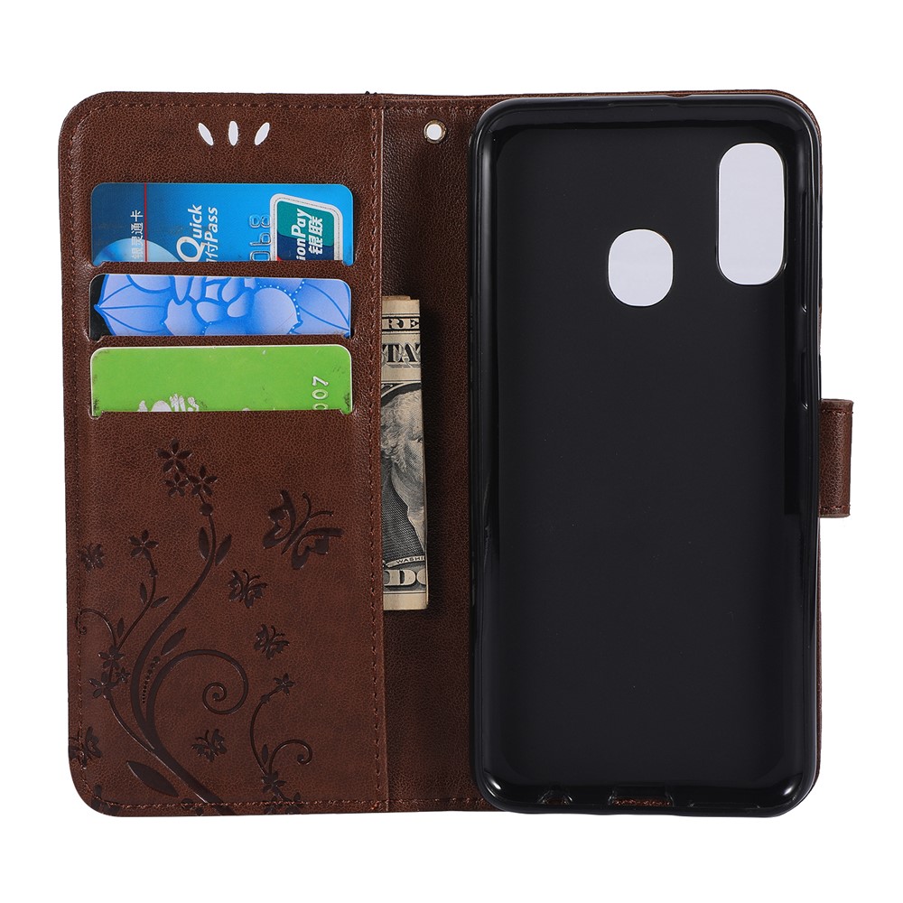 Imprint Butterfly Flowers Leather Phone Case for Samsung Galaxy A20e - Dark Brown-3
