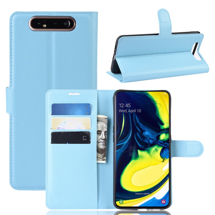 Litchi Skin Wallet Leather Stand Case for Samsung Galaxy A80/A90 - Blue-1
