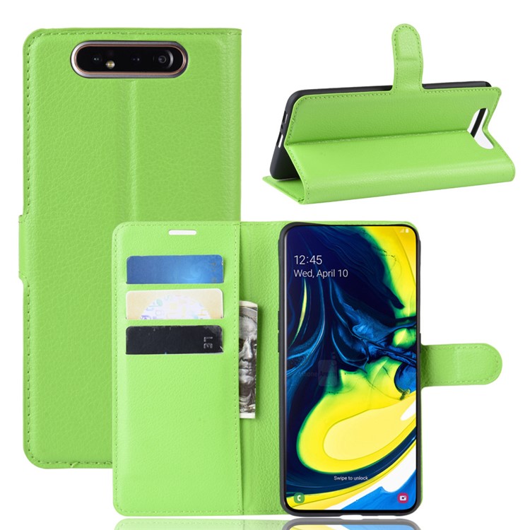 Litchi Skin Wallet Leather Stand Case for Samsung Galaxy A80/A90 - Green-1