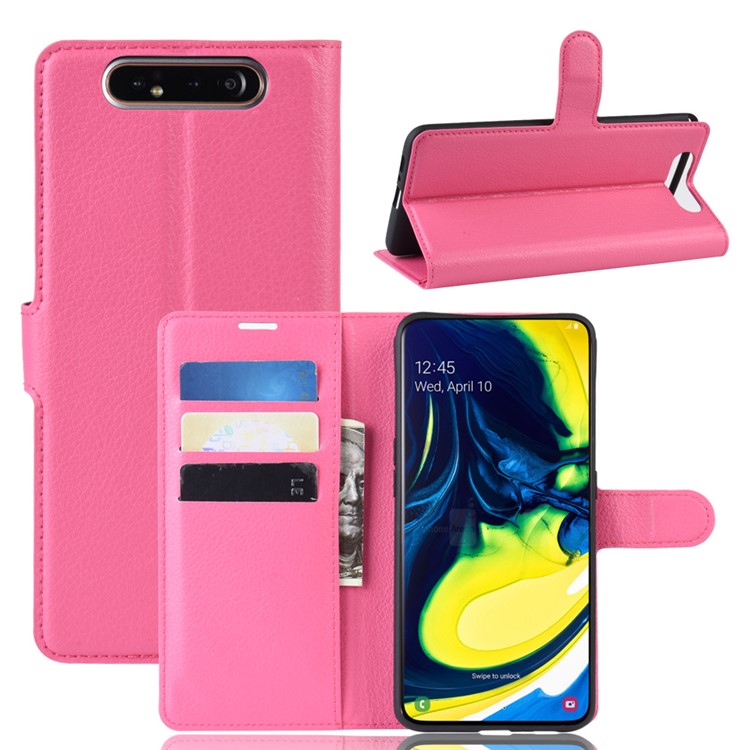Litchi Skin Wallet Leather Stand Case for Samsung Galaxy A80/A90 - Deep Pink-1