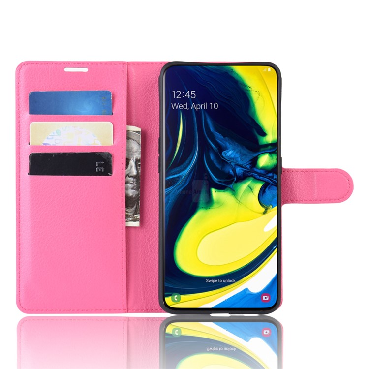 Litchi Skin Wallet Leather Stand Case for Samsung Galaxy A80/A90 - Deep Pink-4