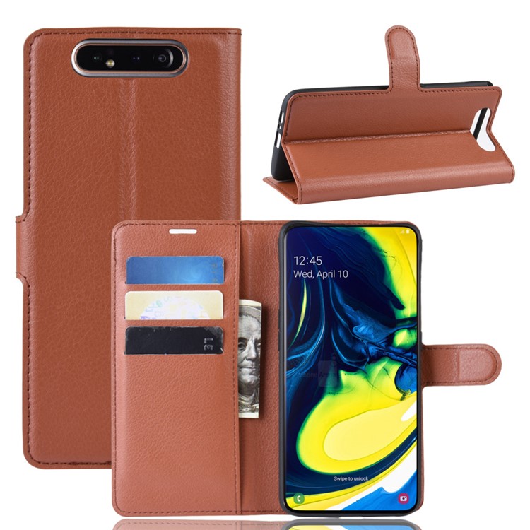 Кожаный Чехол-подставка Из Кожи Личи Для Samsung Galaxy A80 / A90 - Коричневый-1