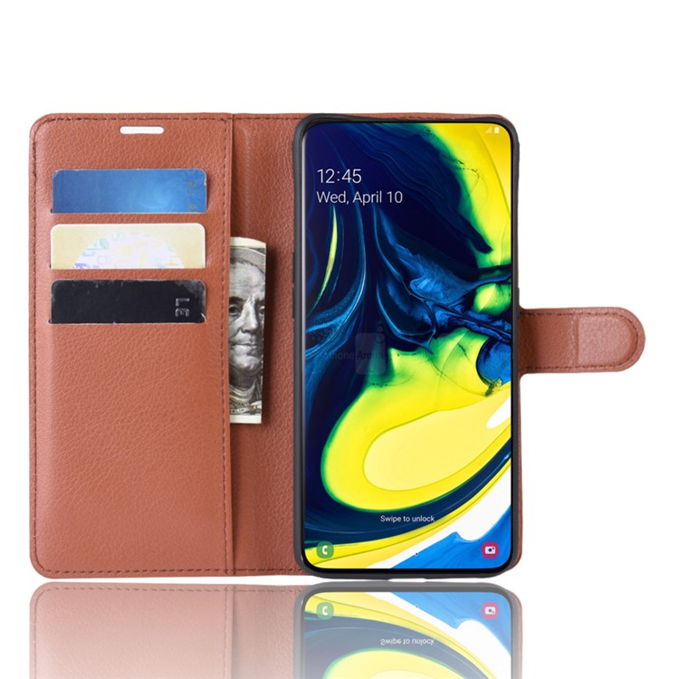 Кожаный Чехол-подставка Из Кожи Личи Для Samsung Galaxy A80 / A90 - Коричневый-4