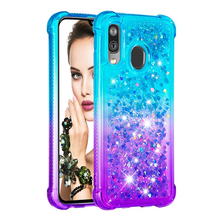 Anti-fall Gradient Glitter Powder Quicksand TPU Case for Samsung Galaxy A40 - Cyan / Purple-2