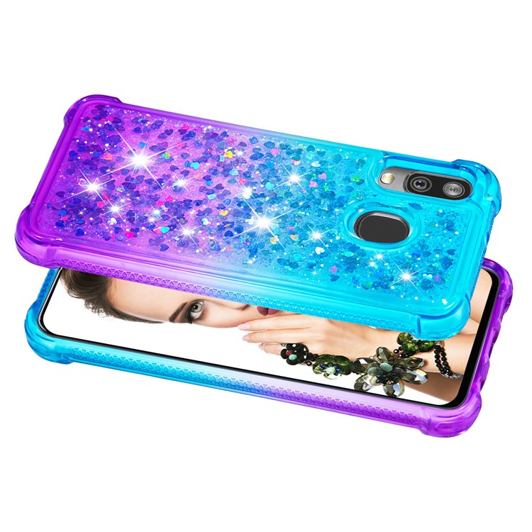 Anti-fall Gradient Glitter Powder Quicksand TPU Case for Samsung Galaxy A40 - Cyan / Purple-4