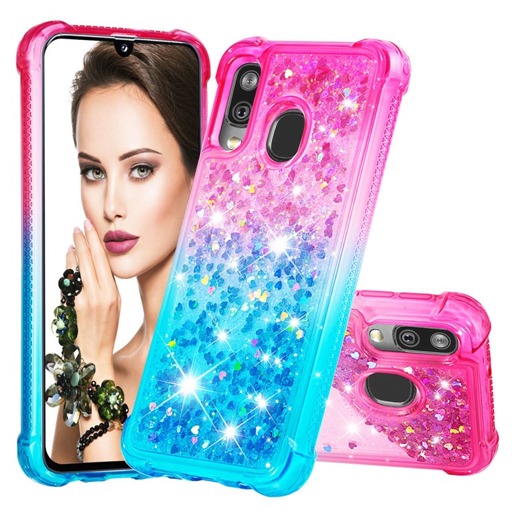 Anti-fall Gradient Glitter Powder Quicksand TPU Case for Samsung Galaxy A40 - Rose / Cyan-1