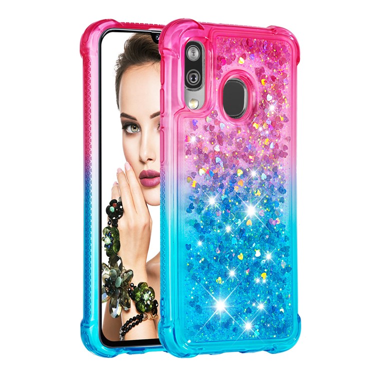 Anti-fall Gradient Glitter Powder Quicksand TPU Case for Samsung Galaxy A40 - Rose / Cyan-2