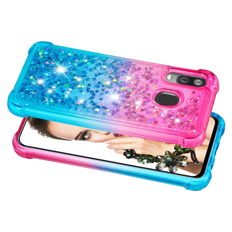 Anti-fall Gradient Glitter Powder Quicksand TPU Case for Samsung Galaxy A40 - Rose / Cyan-4