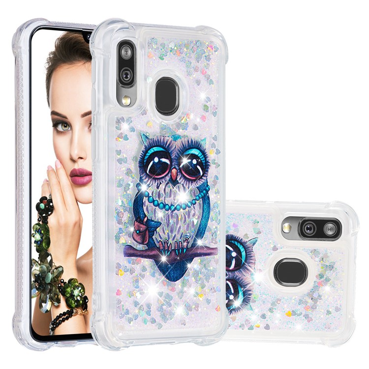 Pattern Printing Glitter Powder Quicksand TPU Shell for Samsung Galaxy A40 - Owl-1