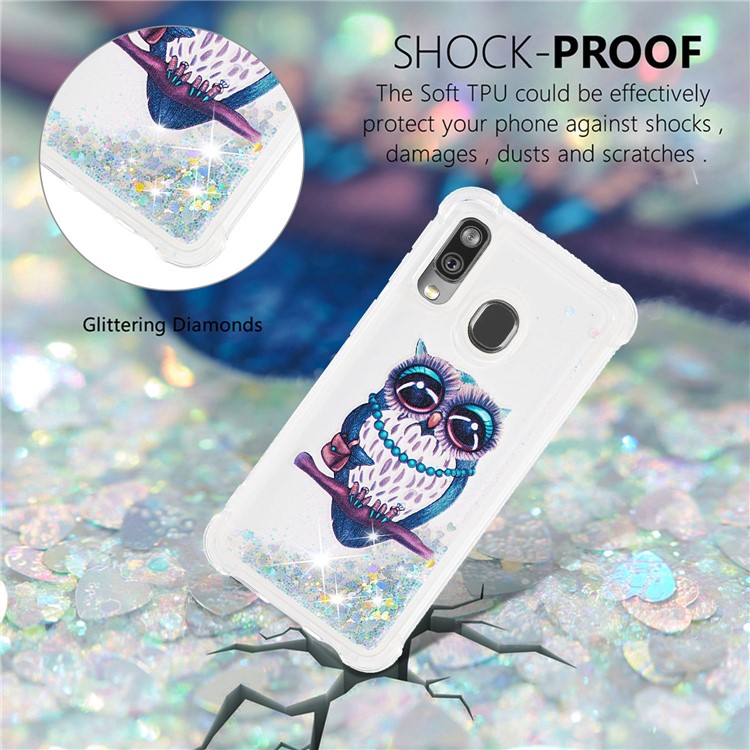 Pattern Printing Glitter Powder Quicksand TPU Shell for Samsung Galaxy A40 - Owl-4