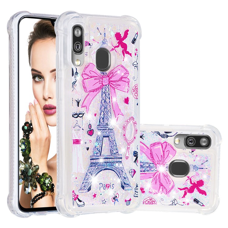 Pattern Printing Glitter Powder Quicksand TPU Shell for Samsung Galaxy A40 - Eiffel Tower-1