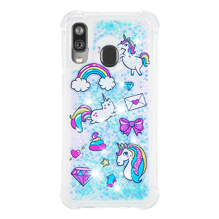 Pattern Printing Glitter Powder Quicksand TPU Shell for Samsung Galaxy A40 - Unicorns and Diamond-2