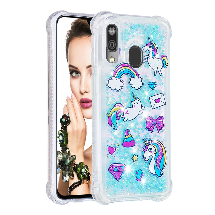 Pattern Printing Glitter Powder Quicksand TPU Shell for Samsung Galaxy A40 - Unicorns and Diamond-3