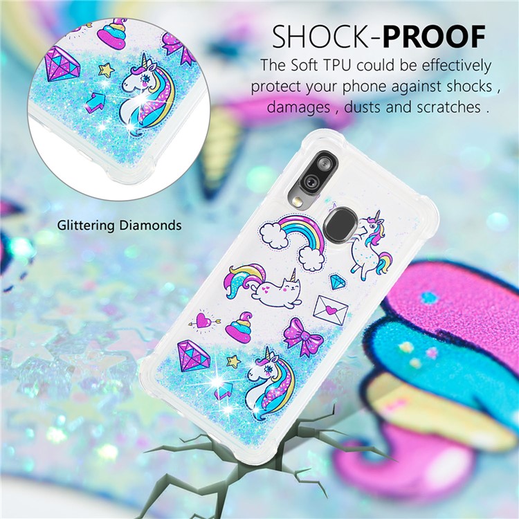 Pattern Printing Glitter Powder Quicksand TPU Shell for Samsung Galaxy A40 - Unicorns and Diamond-4