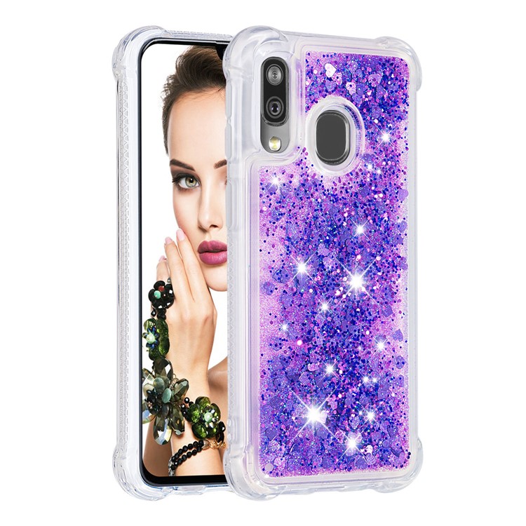 Liquid Glitter Quicksand Shockproof TPU Shell for Samsung Galaxy A40 - Dark Purple Love Hearts-3